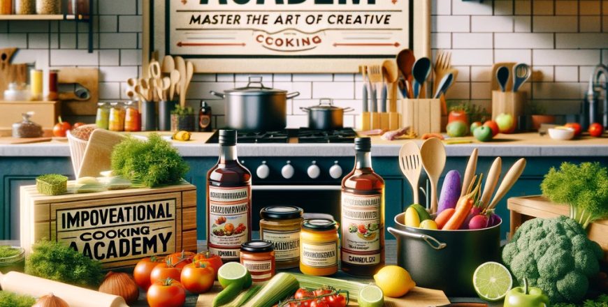 DALL·E 2024-05-21 16.03.33 - An enticing image showcasing the Improvisational Cooking Academy package. The scene includes a variety of cooking tools, fresh ingredients, and a reci.jpg